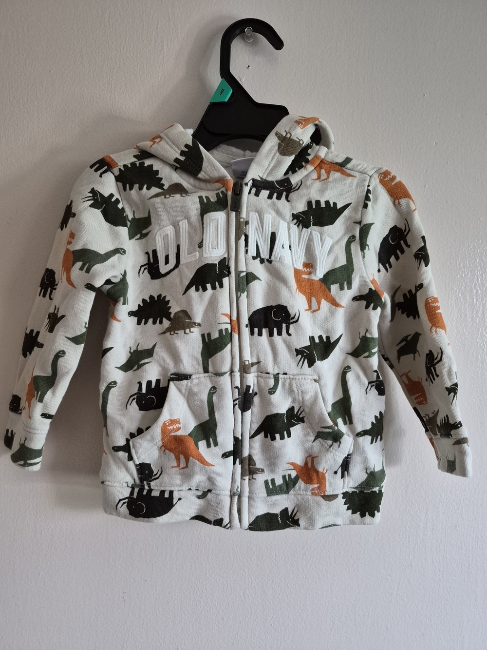 Old Navy White Dinosaur Zip Hoodie with Green & Orange Prints